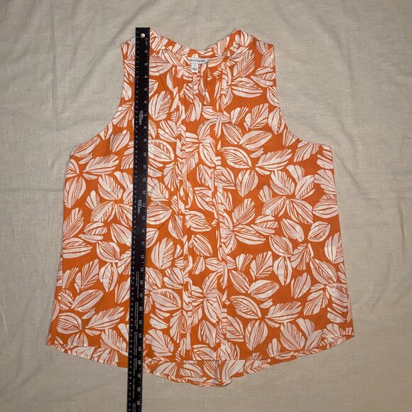 41 HAWTHORN Orange White Leaf Print Breyson Pleat Split Neck Blouse Womens L EUC - Picture 7 of 7